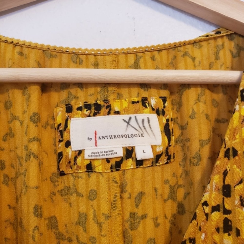 Anthropologie Marigold Smocked Waist Yellow 3/4 Sleeves Large V-neck Midi Dress - Picture 6 of 8